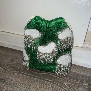 Hvisk green satin & sequin cloud drawstring pouch purse